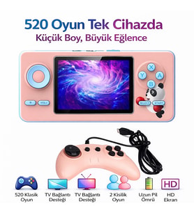 520 Oyunlu Taşınabilir Oyun Konsolu Şarjlı, TV Bağlantılı, Çift Kişilik Oynanabilir S5 GAMPED PEMBE