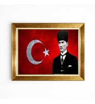 Tablore Kalpaklı Atatürk Portresi Çerçeveli Tablo Eskitme Türk Bayrağı Temalı Duvar Dekoru