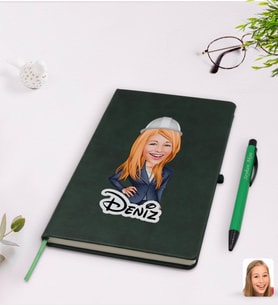 BK Gift Kişiye Özel Kadın Mühendis Karikatürlü Yeşil Termo Deri Defter Kalem Seti Model 1