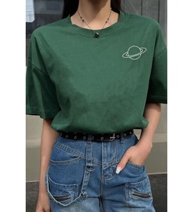 Unisex Saturn Baskılı T-shirt (Yeşil)