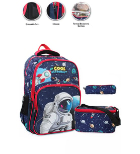 Çizgi Cool Astronot Okul Çantası + Termal Beslenme +Kalemlik Uzay Çanta İlkokul Çantası Sırt Çantası (Çok Renkli)