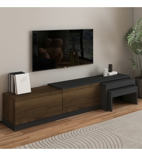Nest TV Sehpası – Modern Tasarım,2 Kapaklı Depolama ve İkili Zigon Sehpa ile Fonksiyonel Mobilya (Antrasit - Ceviz)