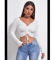 Fantezia Night Kadın Beyaz Uzun Kollu Büzdürme Bağcık Detaylı Crop Top Bluz
