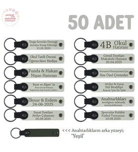 Üniversite Mezuniyet Partisi Anısı, 50'li Set, Öğrenci İsmi Yazılı Hatıra Anahtarlık, Beyaz & Yeşil