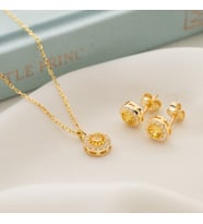 925 Ayar Gümüş Kasım Ayı Oval Taşlı Kolye+Küpe Seti (Sarı)