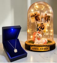 Kişiye Özel 3 Fotoğraflı Yazılı LED Fanus(unicornlu) ve 925 Ayar Gümüş Gold Baget Kolye