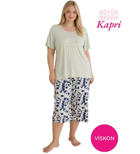 Seamlife Büyük Beden Düğmesiz Viskon Kısa Kol Geniş Paça Kapri Pijama Takımı-Geniş Beden Aralığı Büyük Kalıp (Açık Yeşil)