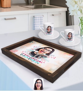 BK Gift Kişiye Özel O Bir Çiçek Karikatürlü Doğal Ahşap Tepsi ve 2’li Kahve Fincan Seti-2