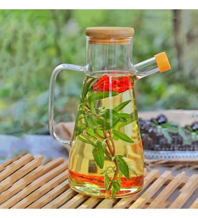 Yağdanlık Cam Şişe 900 Ml Bambu Vakumlu Kapak Ahşap Stantlı Tekli