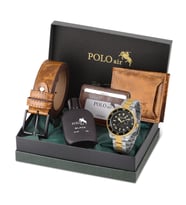 Polo Air Mercek Takvimli Erkek Kol Saati Cüzdan Kemer Kartlık Parfüm Kombin Taba Renk PL-0989E6 (Gümüş-Sarı)