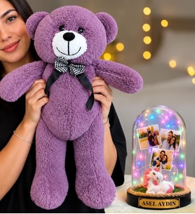 Kişiye Özel 3 Fotoğraflı Renkli LED Işıklı Fanus (unicornlu) ve 50 cm Büyük Mor Peluş Ayıcık