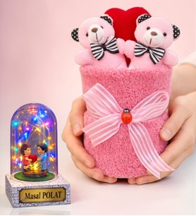Premium Peluş Ayıcık Buketi ve Kişiye Özel Renkli Işıklı Kalp Tutan Çiftli Fanus