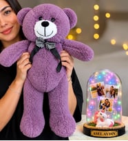 Kişiye Özel 3 Fotoğraflı Renkli LED Işıklı Fanus (unicornlu) ve 50 cm Büyük Mor Peluş Ayıcık
