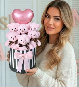 Sevgiliye Kıza Hediye Silindir Hediye Kutusunda, Kalpli Balonlu 6’lı Pembe Ayıcık Buketi
