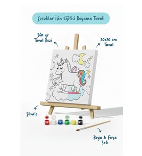Unicorn Temalı Çocuk Boyama Tuvali Seti – Şövaleli Eğitici Boyama Seti 20x20 cm