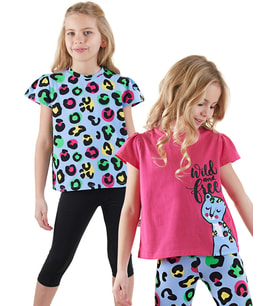 Kız Çocuk Siyah Leopar 2'li T-shirt Takım (Pembe)