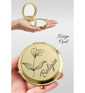 Kişiye Özel İsim Baskılı Premium Gold Cep Aynası Makyaj Aynası - Altın Lale