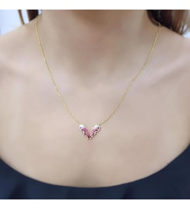 3 Boyutlu Renkli Mineli Çift Kelebek Zirkon Taşlı Gold Kaplama 925 Ayar Gümüş Kolye (Karışık)
