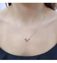 3 Boyutlu Renkli Mineli Çift Kelebek Zirkon Taşlı Gold Kaplama 925 Ayar Gümüş Kolye (Karışık)