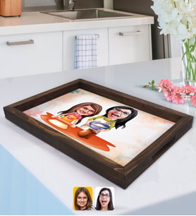 BK Gift Kişiye Özel Anne Kız Karikatürlü Doğal Ahşap Tepsi-2