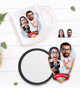 BK Gift Kişiye Özel Sevgililer Karikatürlü Beyaz Kupa ve Ahşap Bardak Altlığı Hediye Seti-16