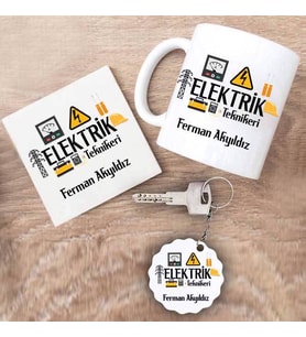 Elektrik Teknikeri Kupa Bardak Altlık ve Anahtarlık Hediye Seti (Model 1)