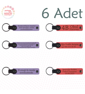 Mor Menekşe & Nar Çiçeği, 6’lı Set, İsim Yazılabilen Deri Anahtarlık, Aile Buluşmalarına Küçük Anı