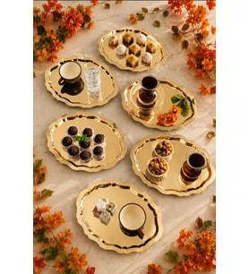 Jasper Viona Gold Detaylı Oval Kahve Sunum Tepsisi Servis Çay Tepsisi Dekoratif Tepsi