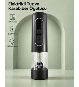 Çift Hazneli Şarj Edilebilir Elektrikli Tuz ve Karabiber Öğütücü Siyah