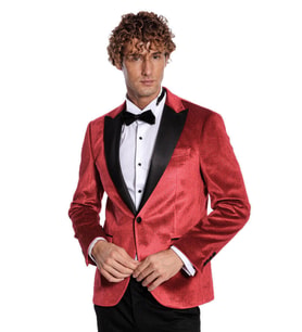 Simli Slim Fit Kadife Kırmızı Erkek Smokin Ceket - Wessi (Bordo)