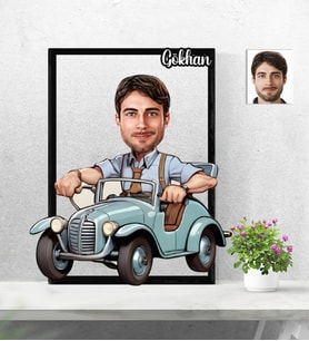 Kişiye Özel 3D  Ahşap Tablo Retro Araba Sürücü Erkek 30x40 -45