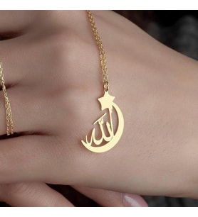 Kişiye Özel 925 Ayar Gümüş Tasarım Ay Yıldız Allah Kolye (Gold)