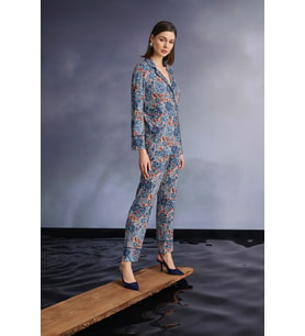 Monamise Kadın Çiçek ve Yaprak Desenli Gömlek Yakalı Önü Boydan Düğmeli Pijama Takımı