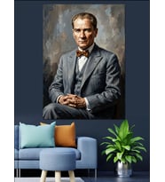 Gri Takımlı Papyonlu Atatürk Dekoratif Kanvas - Mdf Ahşap Tablo