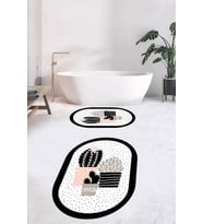 EVDEYA Dijital Yıkanabilir Kaktüs Çiçek Desen İkili Oval Banyo Halısı Klozet Takımı, OKLOZET-22-BEYAZ, (Beyaz)