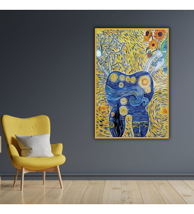 Metal Çerçeveli Cam Diş Poliklinik Tablosu Salvador Dali Yıldızlı Gece (Gold)