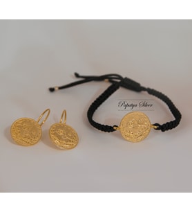 925 AYAR GOLD 14K Renk Tuğra Bileklik Küpe Set