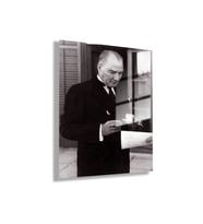 Temperli Gerçek Cam Ofis Tablosu Kahve İçen Atatürk Portresi