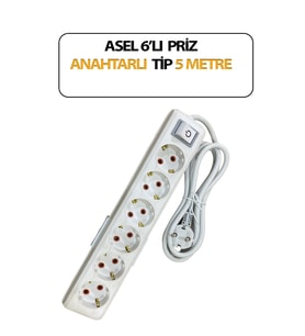 Altılı, Anahtarlı Model, Topraklı, Klemensli, Kablo 5 Metre Uzunluğunda, Askı Aparatlı Grup Priz