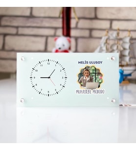 Kişiye Özel Fotoğraflı Cam Masa Saati ve Ofis İsimliği