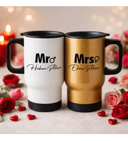 BK Gift Kişiye Özel Sevgili Çift Tasarımlı 2’li Kulplu Beyaz&Gold Çelik Termos Mug 450 ml -17, Sevgiliye Hediye, Sevgililer Günü Hediyesi