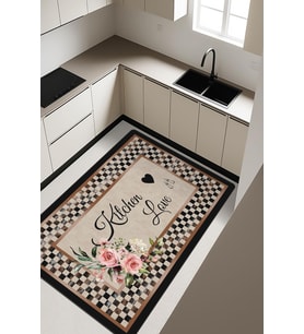 Kitchen Love Desenli Dijital Baskı Kaymaz Taban Mutfak Halısı H0031 (Çok Renkli)