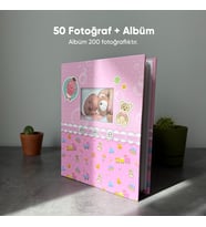 200 Fotoğraf Kapasiteli Bebek Albümü + 50 Fotoğraf Baskısı (Pembe)