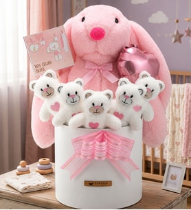 Yenidoğan Bebek Hediyesi Babyshower Kız Baby Uyku Arkadaşı Tavşan ve Yumoş Peluş Ayıcık Buketi Pembe