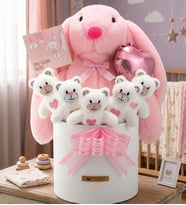 Yenidoğan Bebek Hediyesi Babyshower Kız Baby Uyku Arkadaşı Tavşan ve Yumoş Peluş Ayıcık Buketi Pembe
