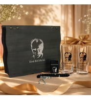 Kişiye Özel Premium Ahşap Kutulu Rakı Seti 2 Rakı Bardağı Tesbih ve Çakmaklı Hediye Seti