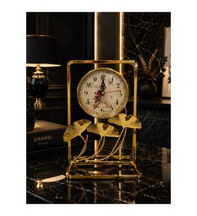 Gold Metal Çerçeveli Paris Manzaralı Ginkgo Yapraklı Dekoratif Masa Üstü Saat ve Biblo 24x16 cm