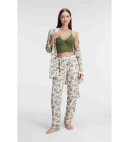 pilelistore İp Askılı V Yaka Çiçek Desenli Yazlık Dokuma Dantel Detaylı Sabahlık Pijama Takımı (Yeşil)