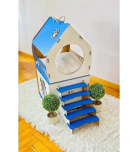 Dekoratif Ahşap Kedi Evi Teraslı 2 Katlı Merdivenli Kedi Evi Mavi - Beyaz (Siyah - Kahverengi)