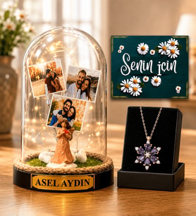 Kişiye Özel İsimli 3 Fotoğraflı LED Işıklı Şans Melekli Fanus ve Gerçek Ametist Taşlı Lotus Kolye
